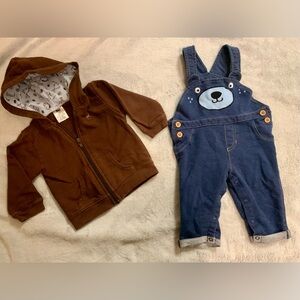 3-6M Brown Hoodie and Blue Bear Overalls Set